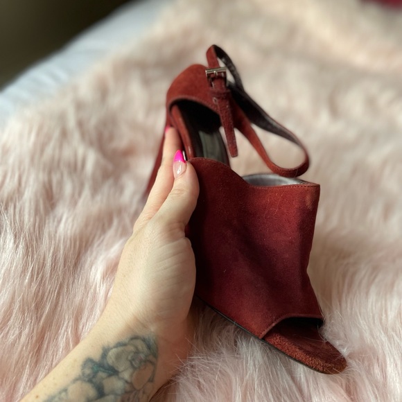 Prada Calzature Donna Amaranto Suede Sandals Open Toe Heels Size 8 - Picture 9 of 9